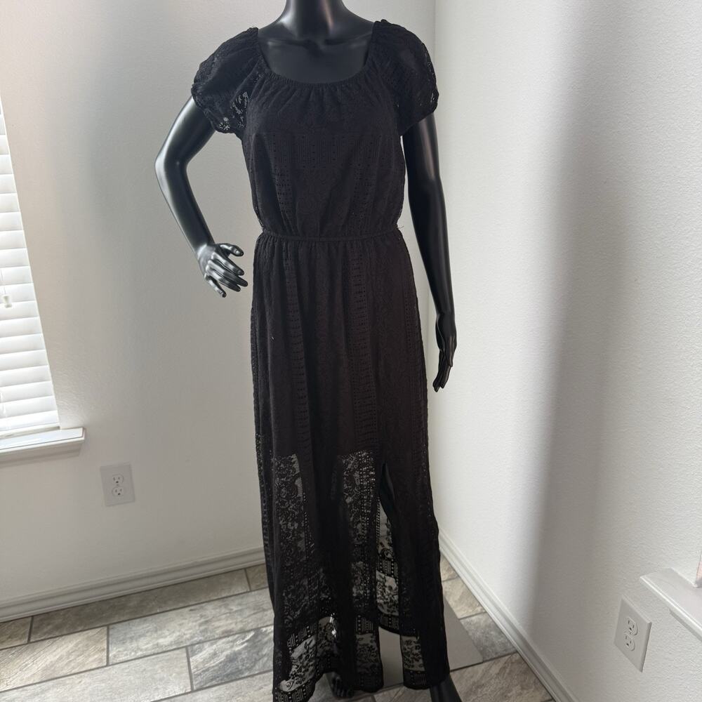 As U Wish Black Lace Maxi Dress Puff Sleeve Smocked Waist Overlay Slit M